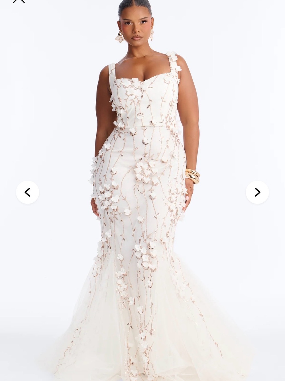 Fashion Nova Ivory Floral Appliqué Mermaid Maxi Dress